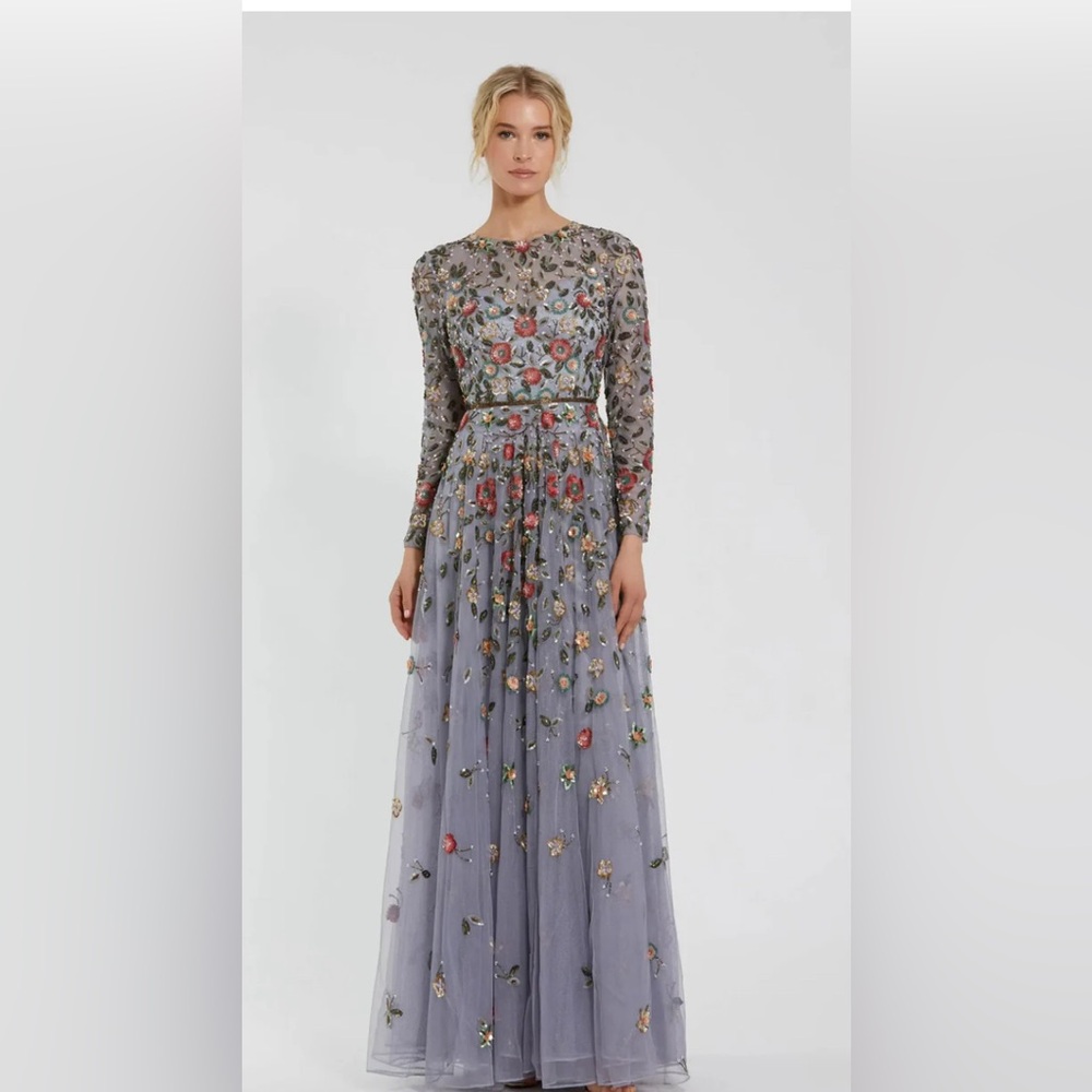 MAC DUGGAL Gray Embellished High Neck Long Sleeve A Line Gown